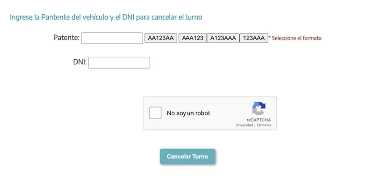 Pantalla para cancelar el turno de la VTV en Trenque Lauquen con patente y DNI