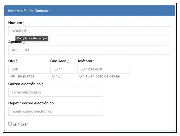 Paso 2 para sacar turno de la VTV en Trenque Lauquen: información del contacto